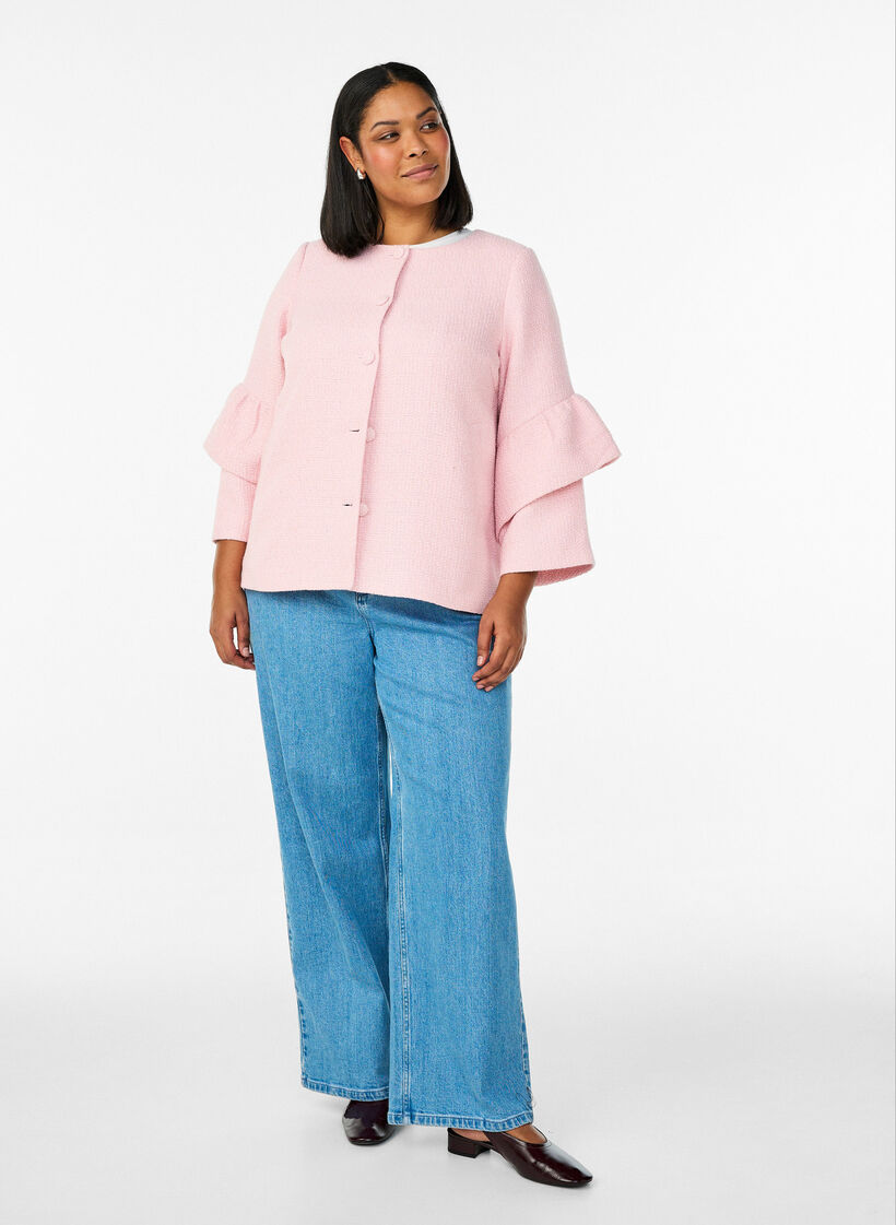 Boucl&eacute; jacket with ruffle details, Pink, Model image number 1