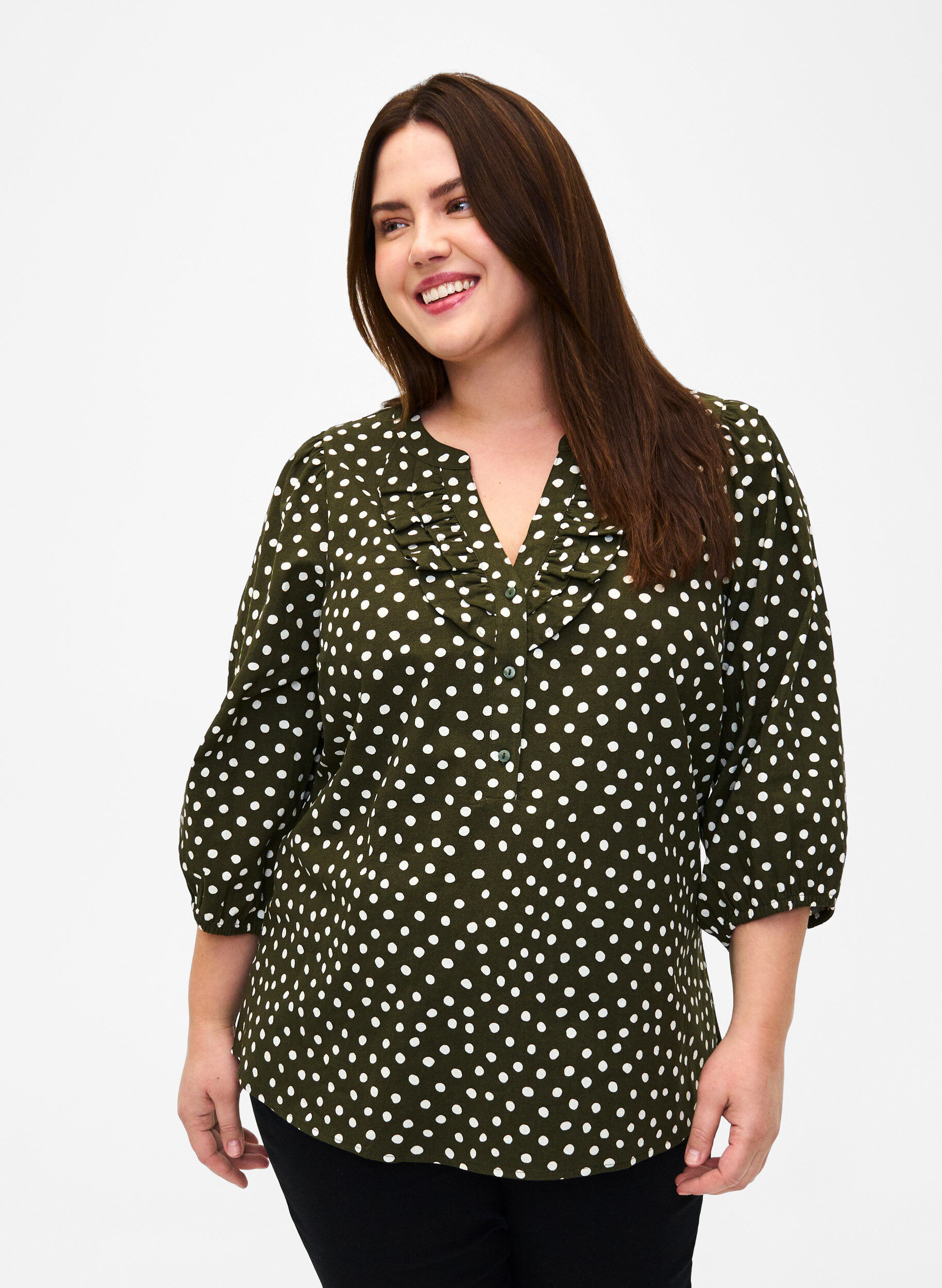 Zizzifashion 3/4 sleeve cotton Blouse with polka dots, Forest Night Dot, Model image number 0