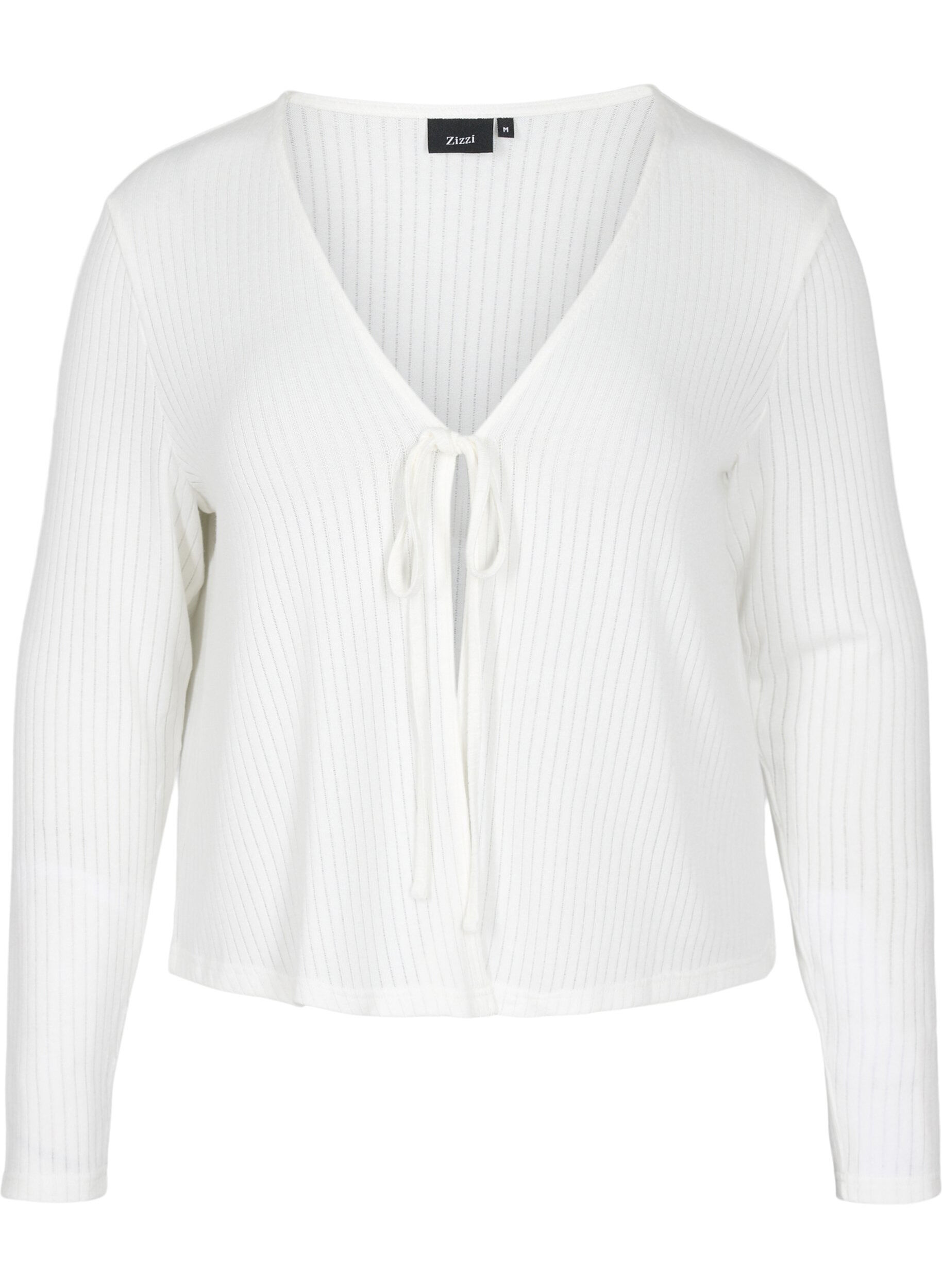 Zizzifashion Ribbed cardigan with tie-string, White, Packshot image number 0