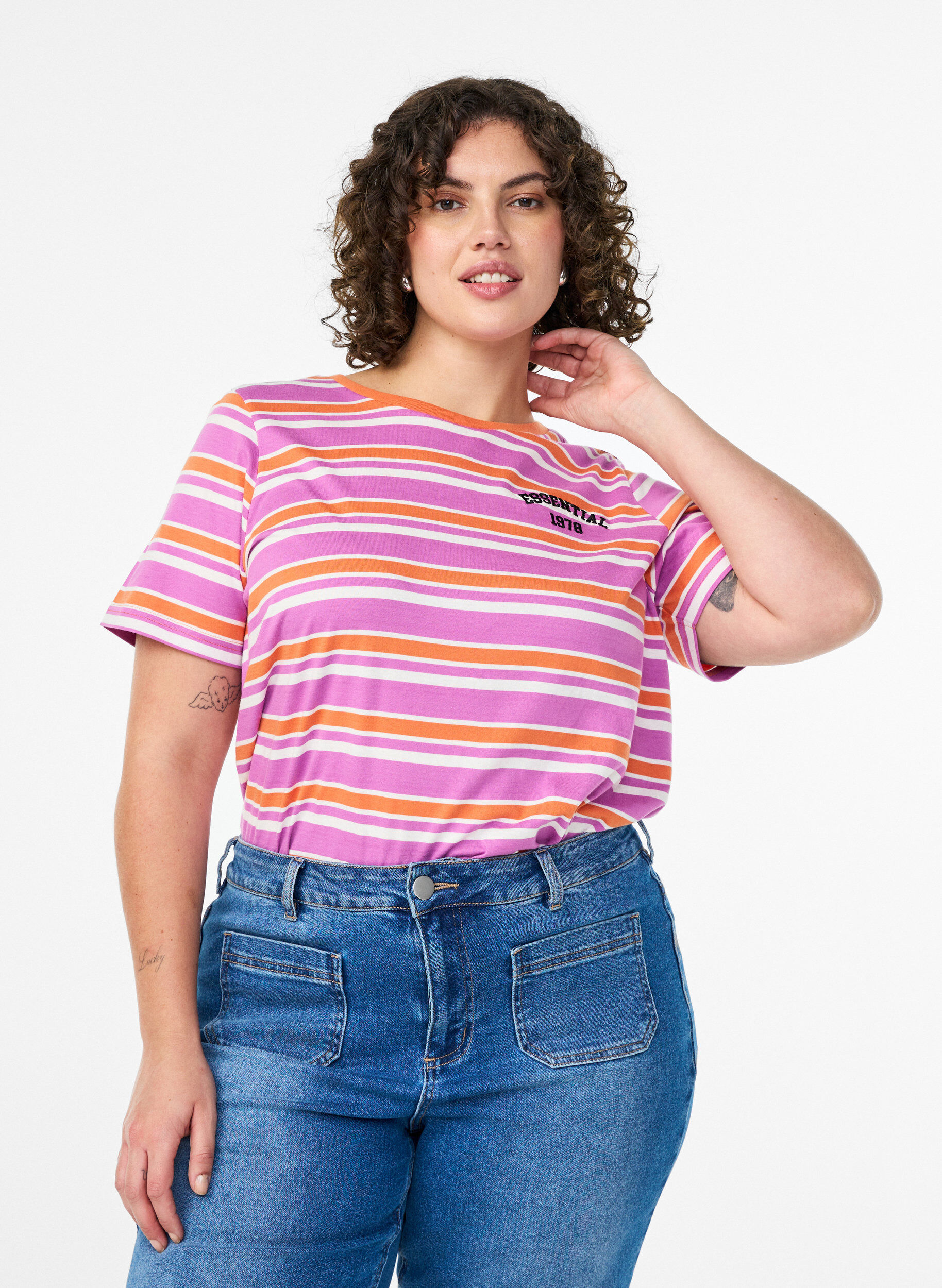 Cotton T-shirt with stripes, Pink, Model