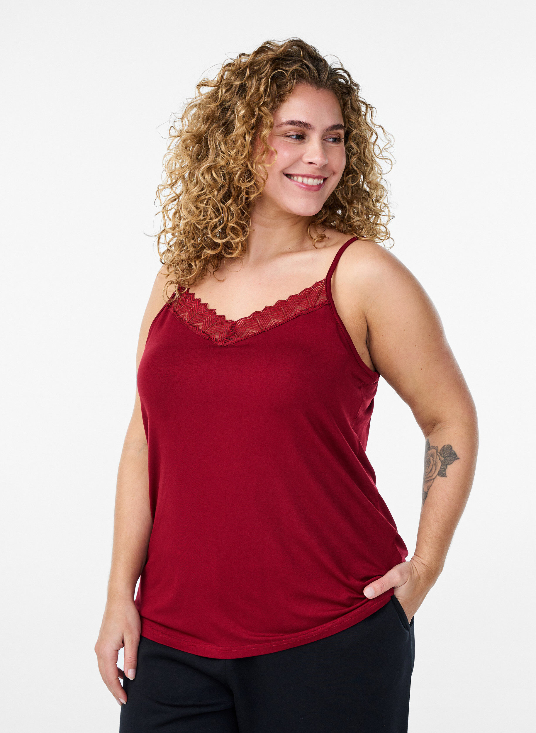 Zizzifashion Top with lace detail and spaghetti straps, Brown, Model image number 0