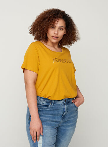 Cotton A-line t-shirt with a print, Harvest Gold, Model image number 0