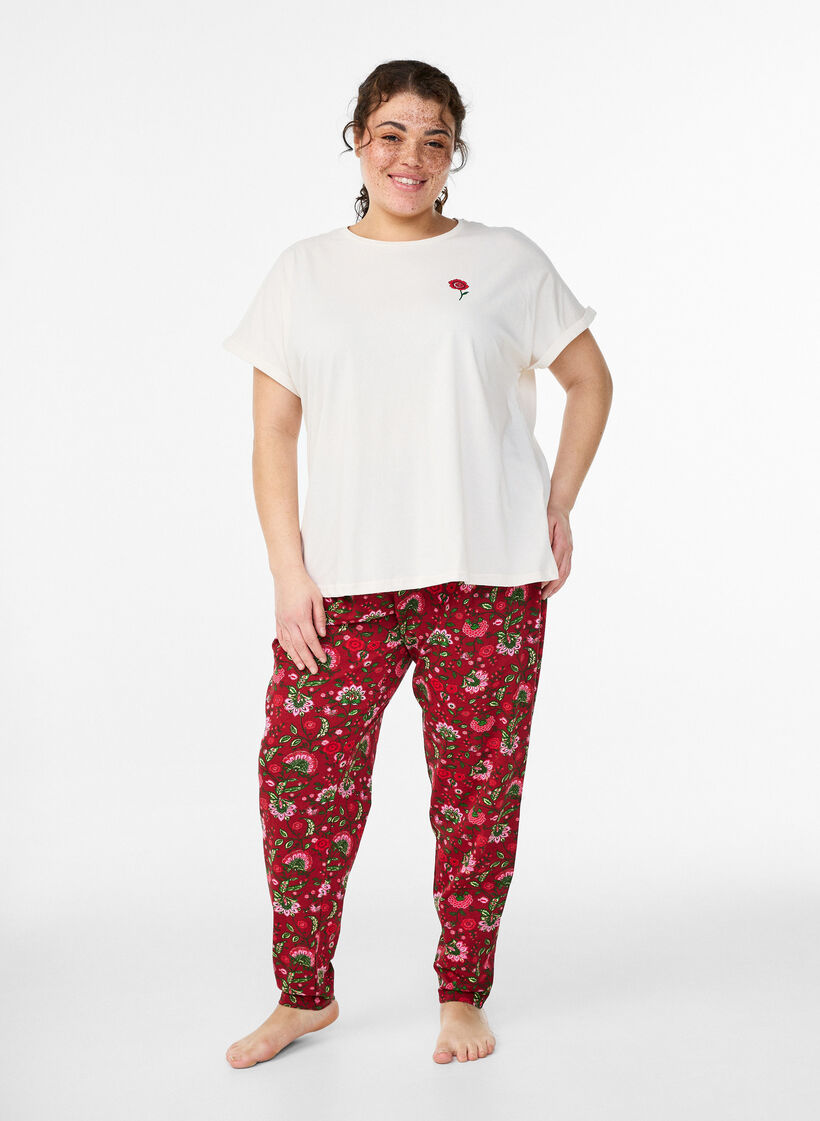 Loose cotton night T-shirt with print detail, Vanilla, Model image number 1