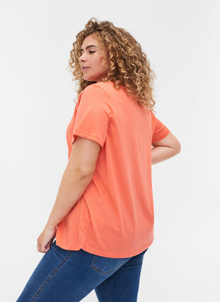 Short-sleeved cotton t-shirt with a v-neck, Living Coral, Model image number 1