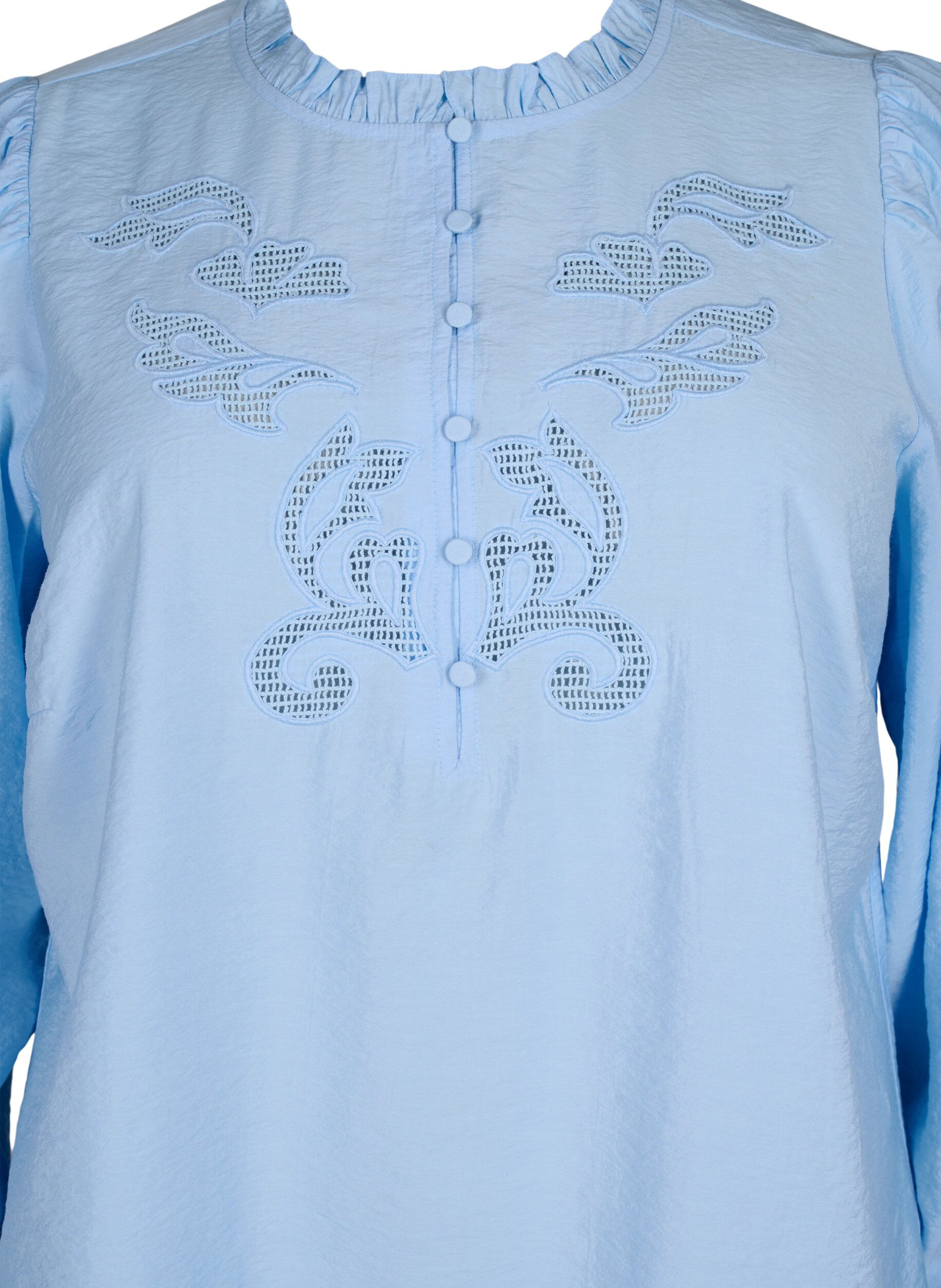 Zizzifashion Blouse with ruffles and broderie anglaise, Chambray Blue, Packshot image number 2