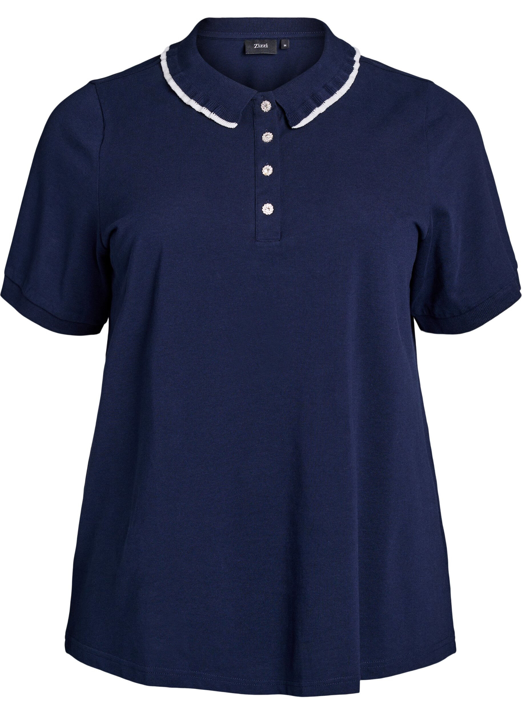 Polo shirt with rhinestone buttons and ruffle detail