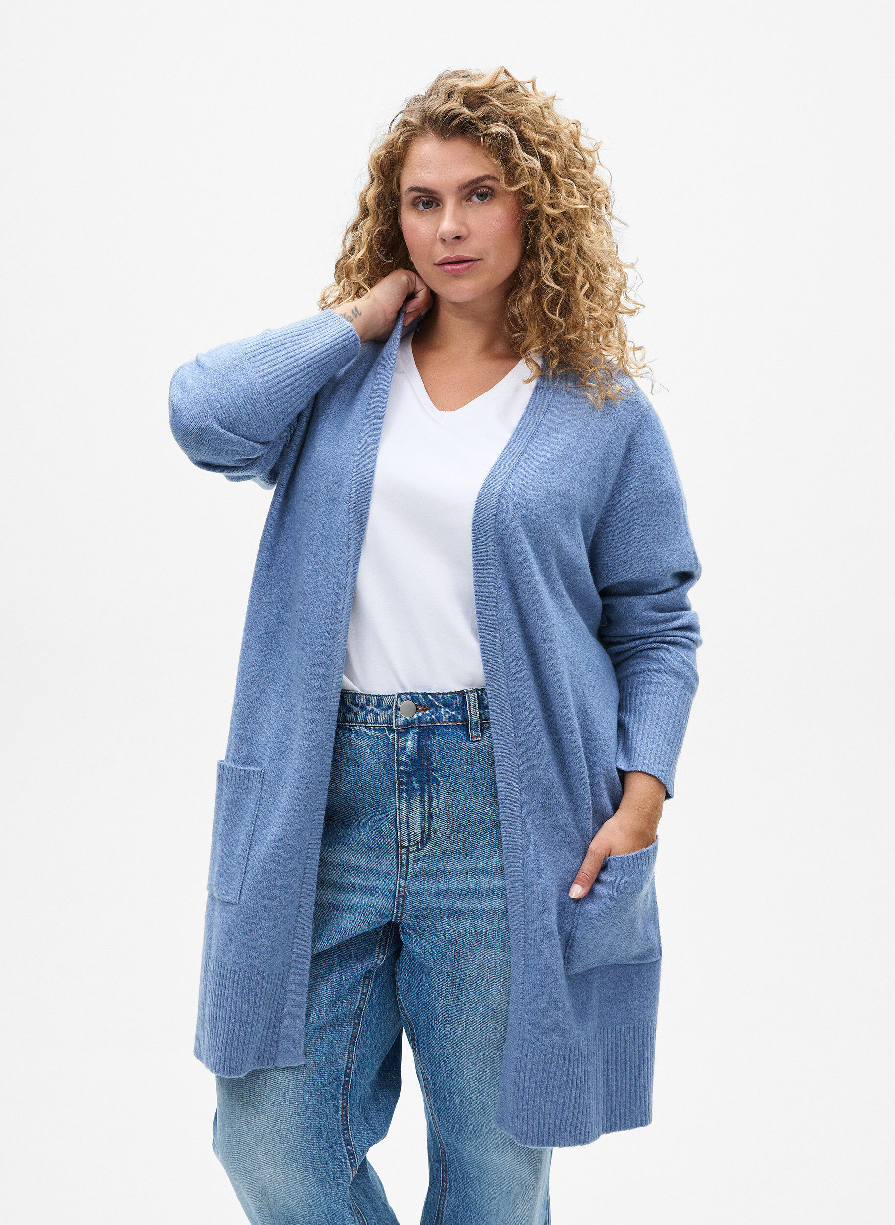 Ribbed Knit Cardigan with Pockets, Blue, Model