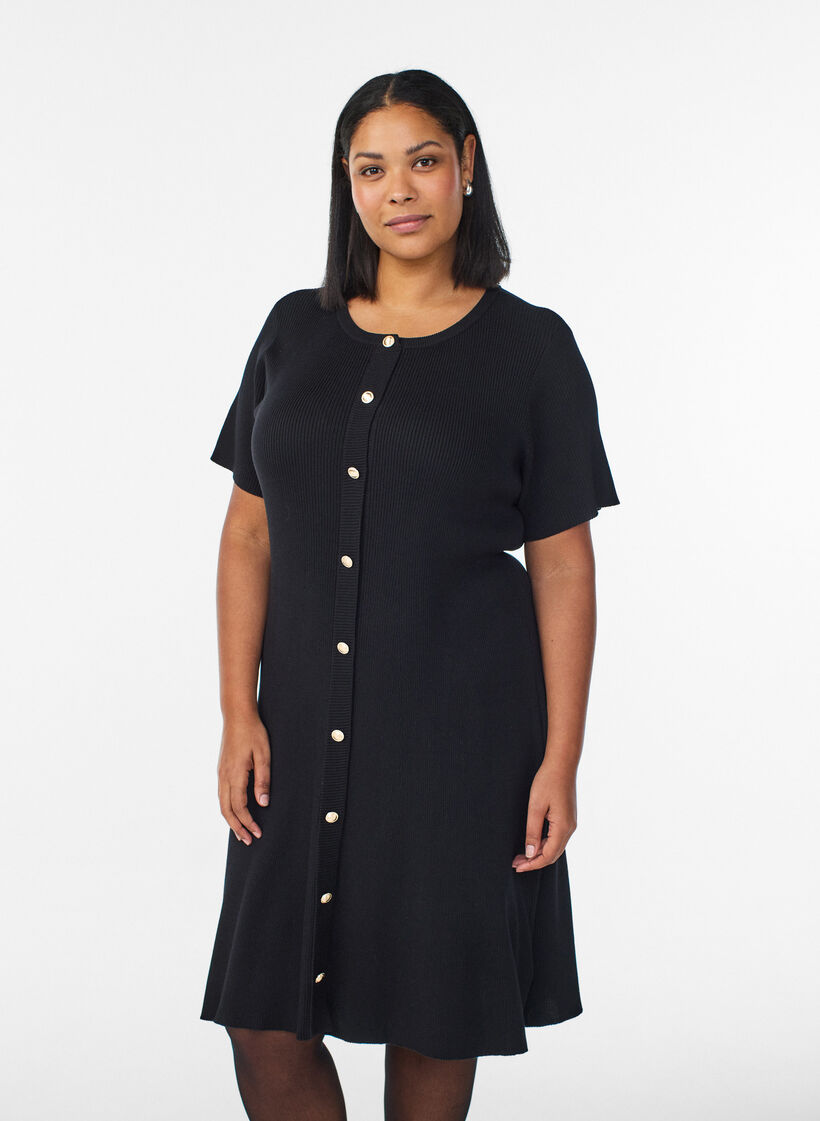 Ribbed dress with decorative buttons and short sleeves, Black, Model