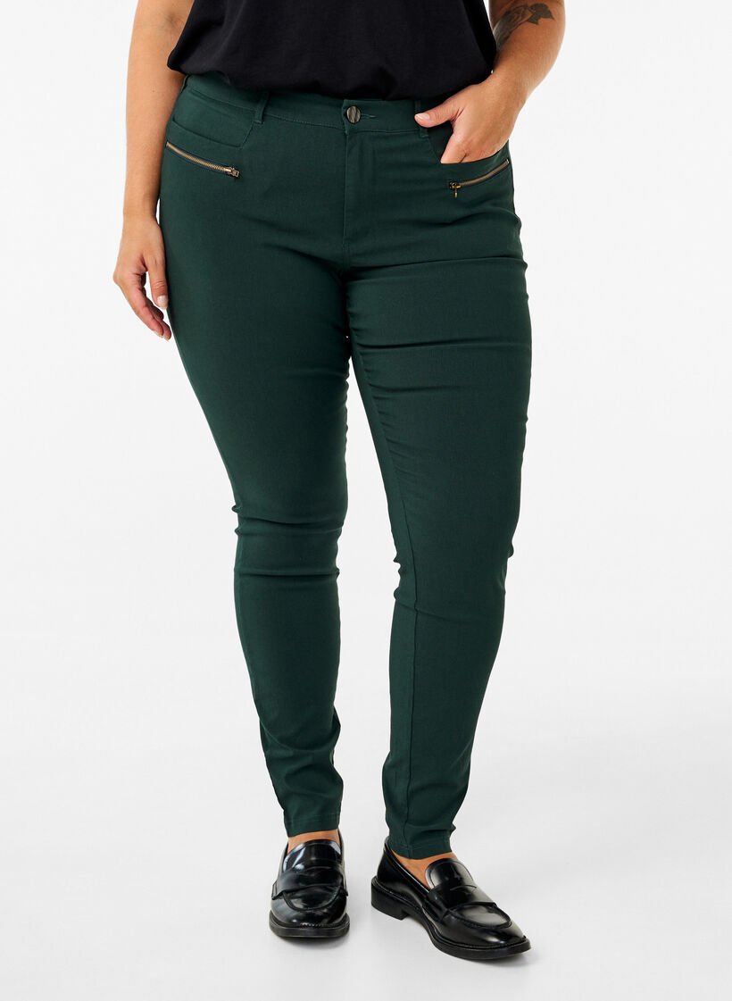 Close-fitting trousers with zipper details, Green, Model image number 2