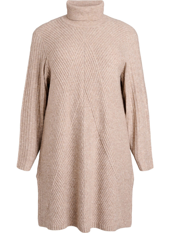 Short knitted dress with a turtleneck and ribbed texture, Beige, Packshot image number 0