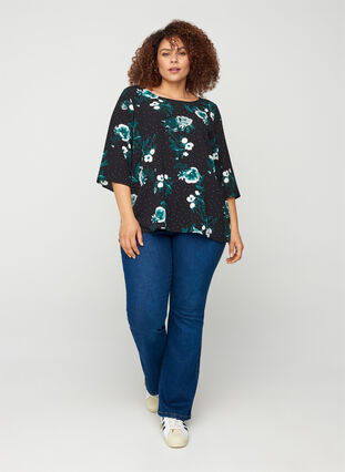 Printed blouse with lace back and 3/4-length sleeves, Black/Flower Dot, Model image number 2