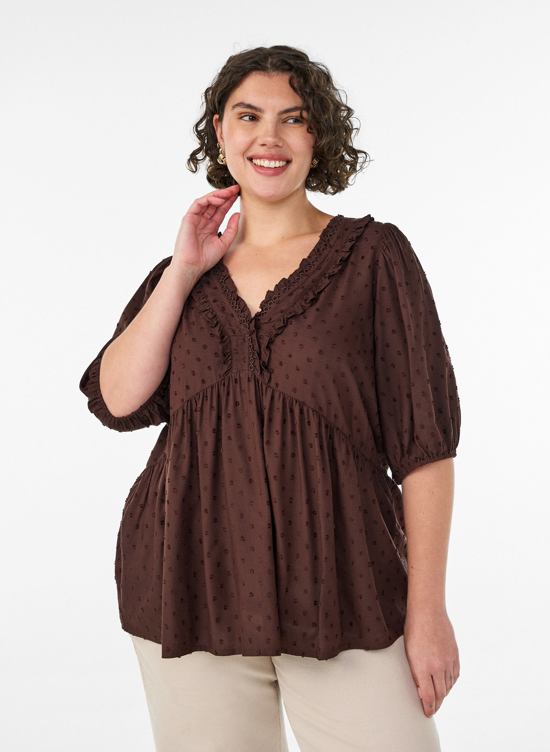 Zizzifashion Viscose blouse with a dotted texture and V-neck, Brown, Model image number 0