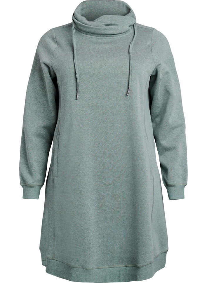 Short sweatshirt dress with high collar and pockets, Green, Packshot image number 0