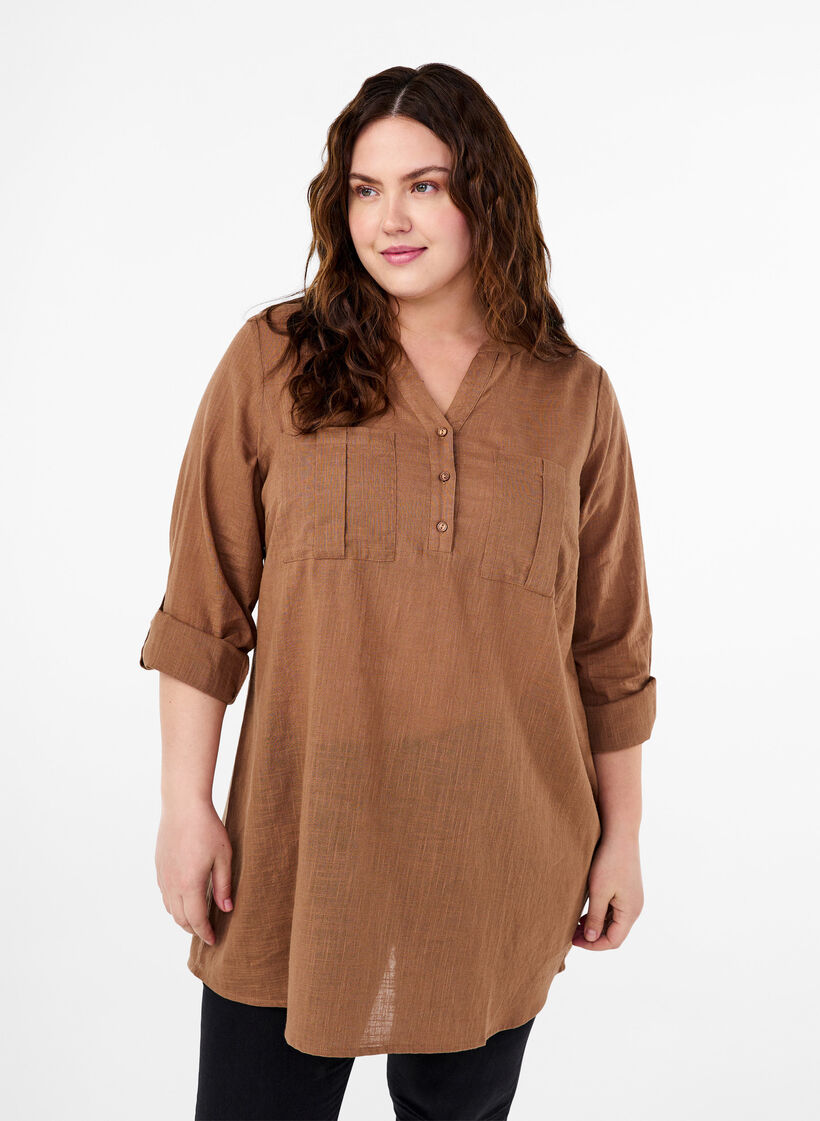Cotton tunic with 3/4 sleeves, Coca Mocha, Model image number 0