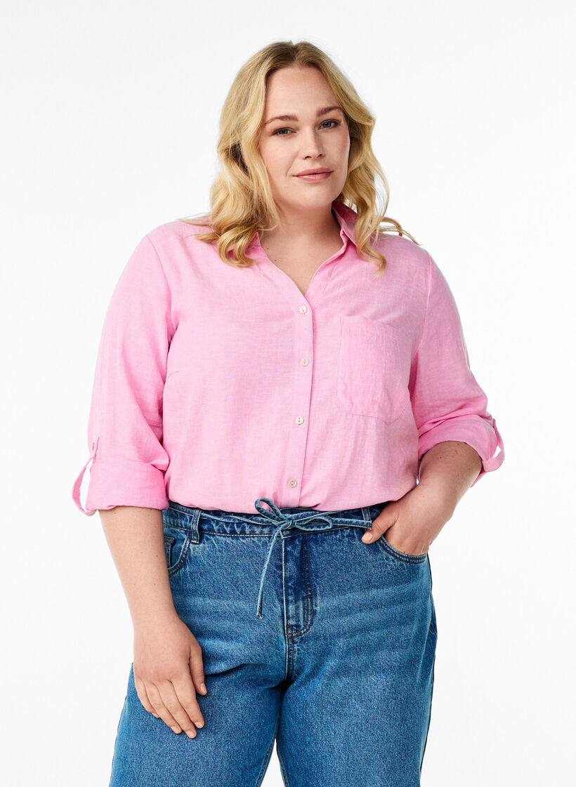 Shirt in linen and viscose with 3/4 sleeves, Pink, Model image number 0