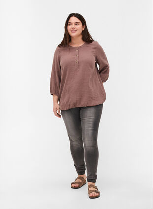 Cotton blouse with buttons and 3/4 sleeves, Deep Taupe, Model image number 2