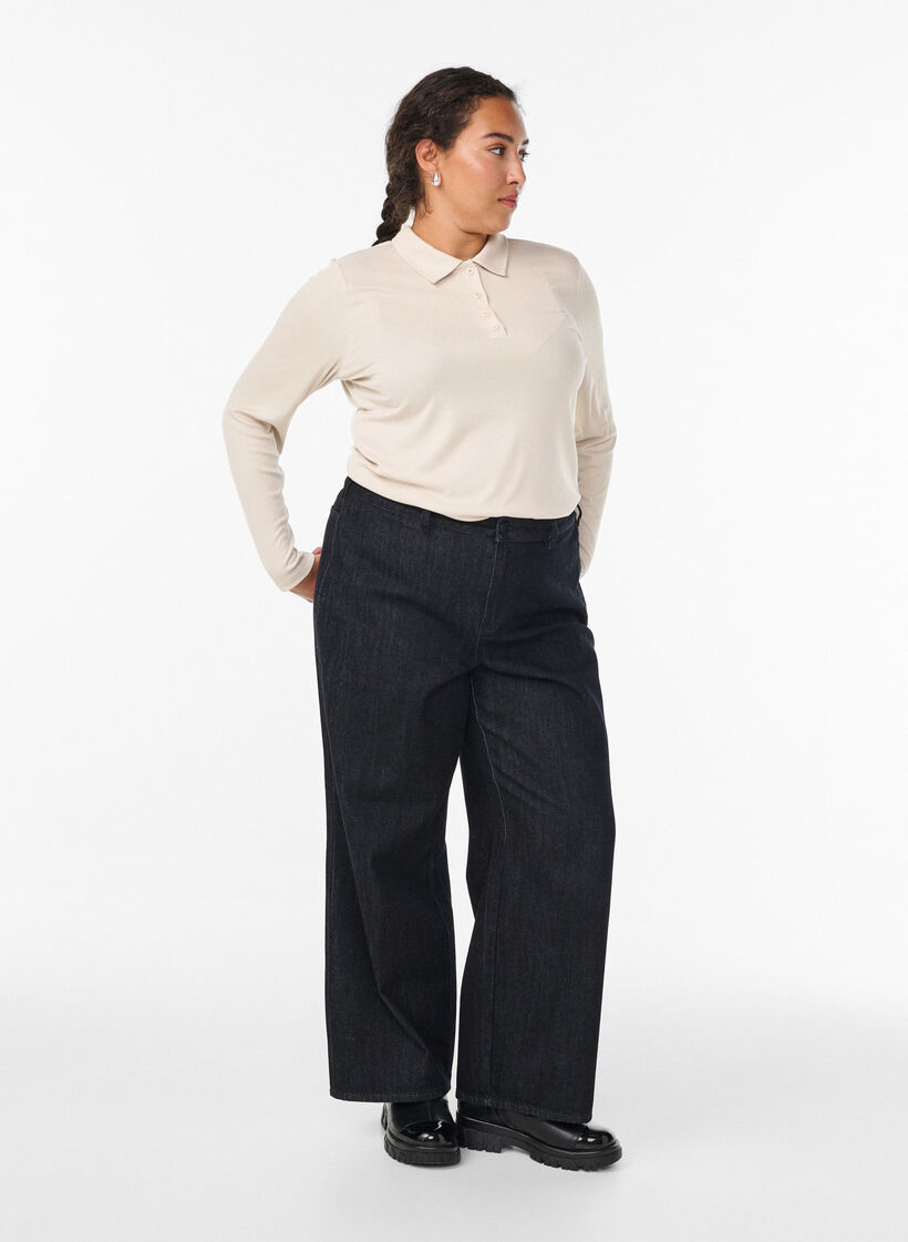 Polo shirt in soft rib with long sleeves, Beige, Model image number 1