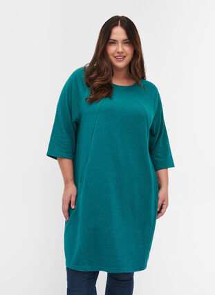 Promotional item - Cotton sweater dress with pockets and 3/4-length sleeves, Teal Green Melange, Model image number 0