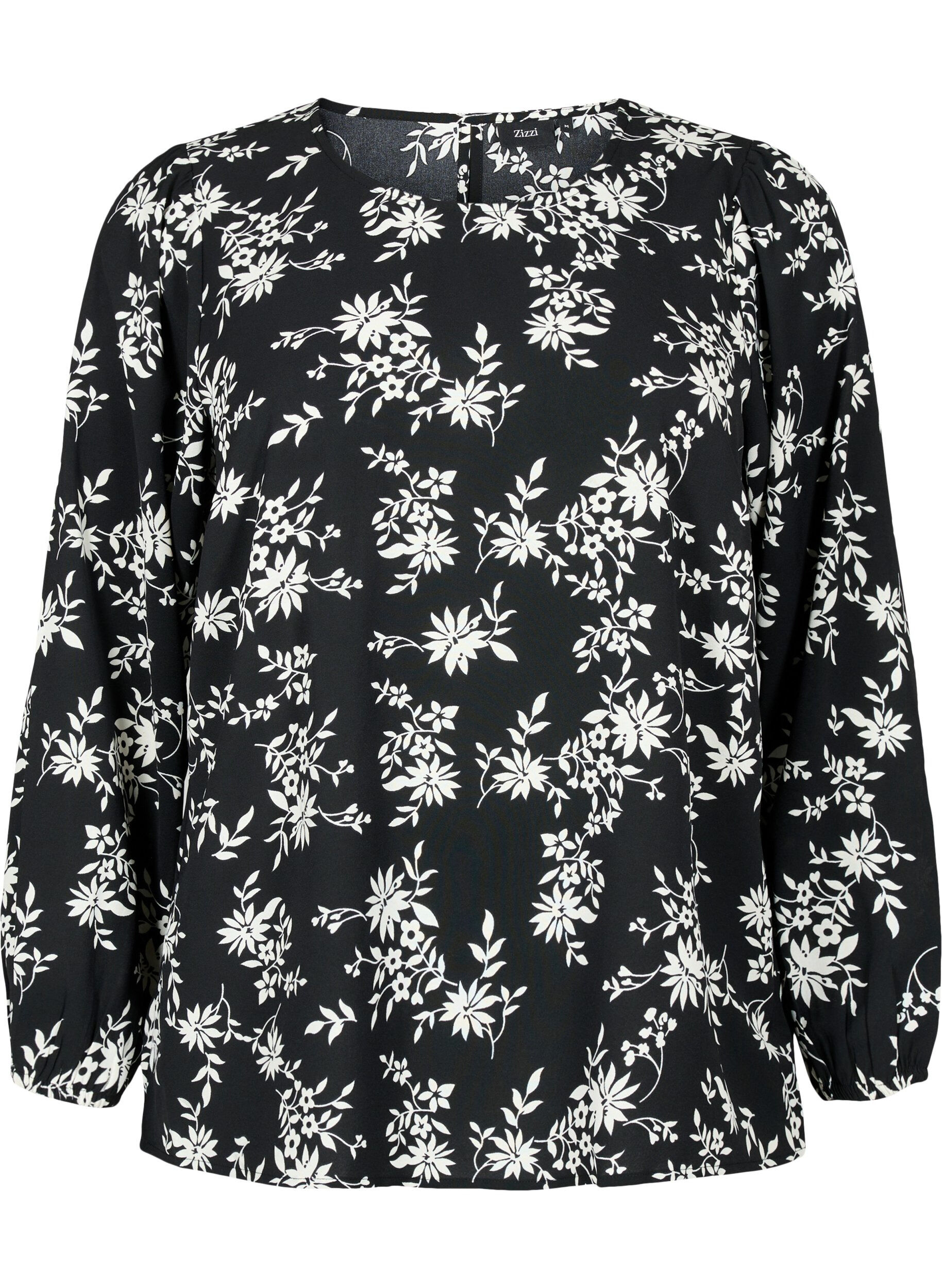 Zizzifashion Blouse with puff sleeves, Black Flower AOP, Packshot image number 0