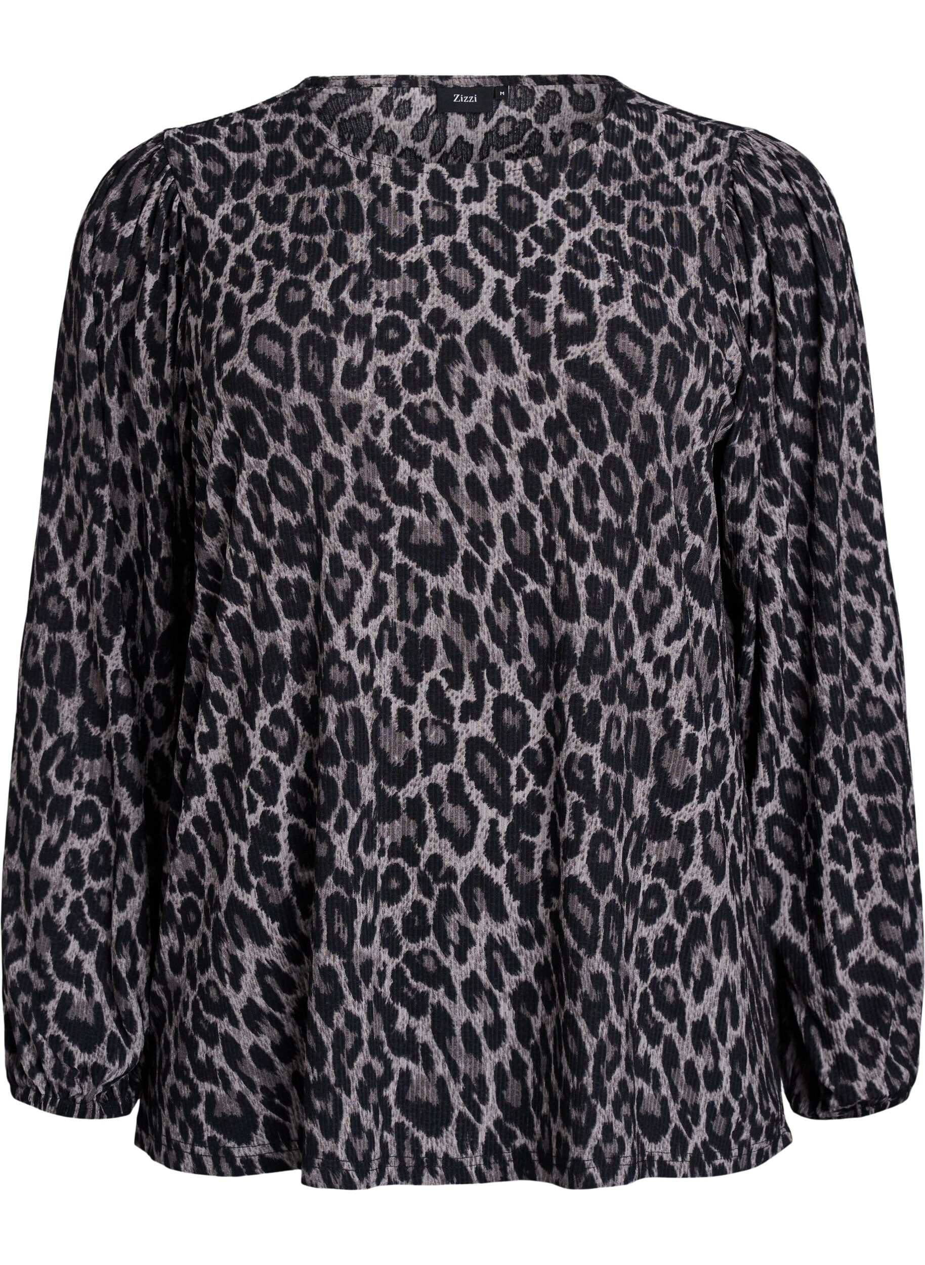 ZizzifashionBlouse with long sleeves and leopard print, Dark Grey, Packshot image number 0