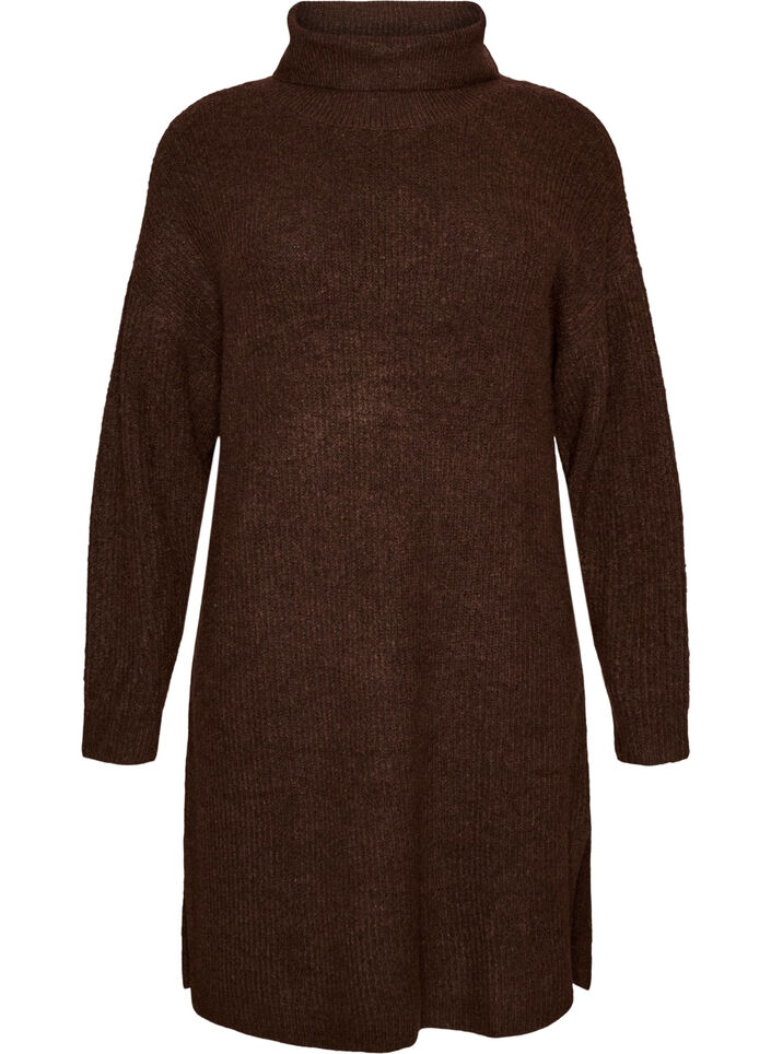Knitted dress with turtleneck, Brown, Packshot image number 0