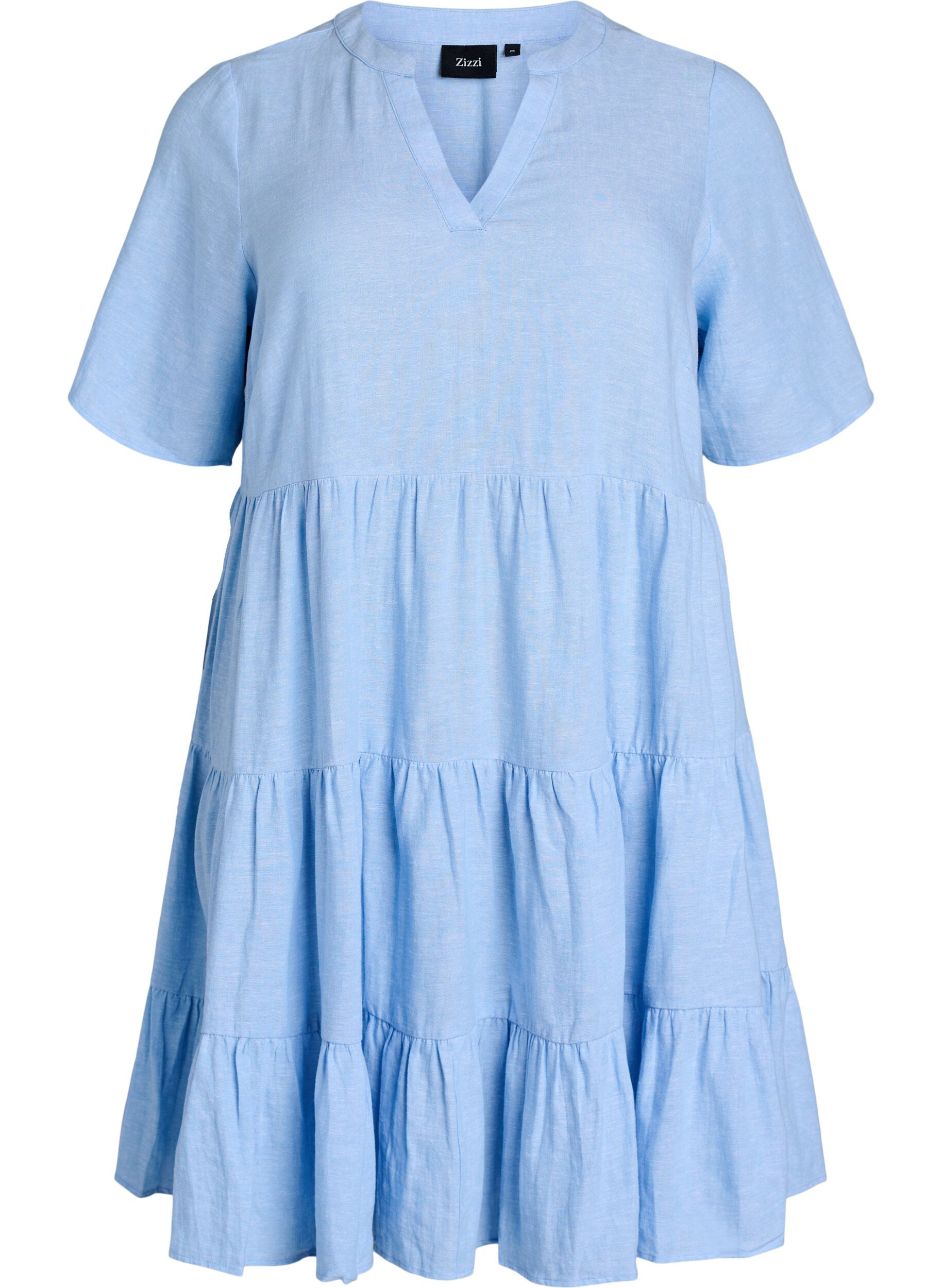 Knee-length A-line dress in linen and viscose