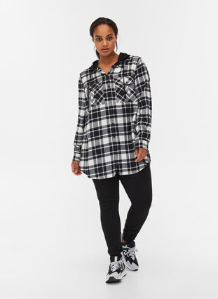 Checked shirt jacket with hood, Black/White Check, Model image number 2
