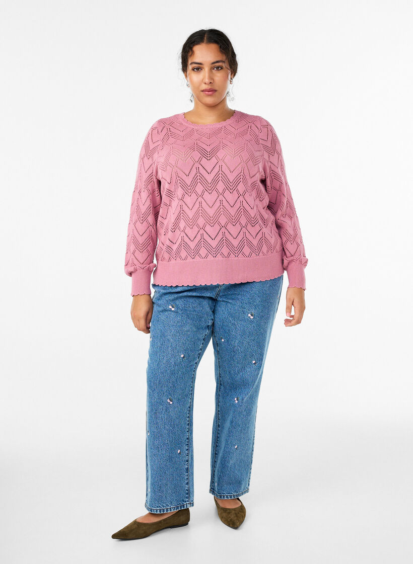 Patterned knit blouse with wavy edge and round neckline, Rose, Model image number 1