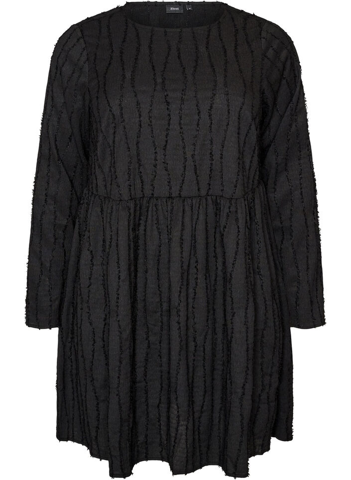 Short jersey dress with a wavy textured pattern, Black, Packshot image number 0