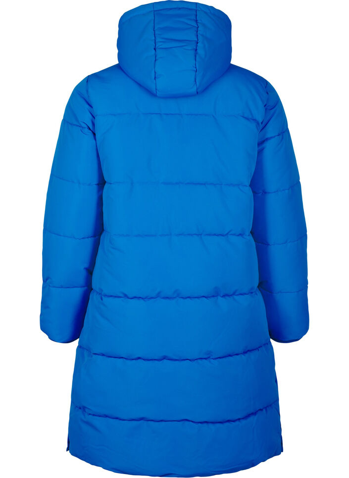 Long puffer jacket with pockets and hood, Blue, Packshot image number 1