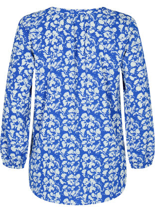 Long-sleeved blouse with floral print and v-neck, Blue White Flower, Packshot image number 1