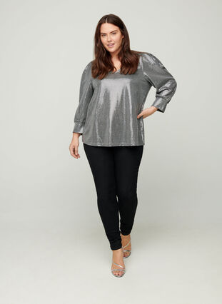 Sequined blouse with 3/4 length sleeves, Silver, Model image number 2