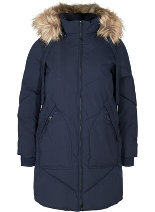 Winter coat with a hood and faux fur trim , Night Sky, Packshot image number 0