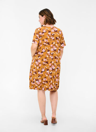 Short-sleeved viscose dress with print, Yellow Flower, Model image number 1