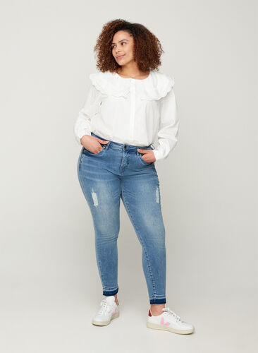 Super slim Amy jeans with distressed look, Blue denim, Model image number 0