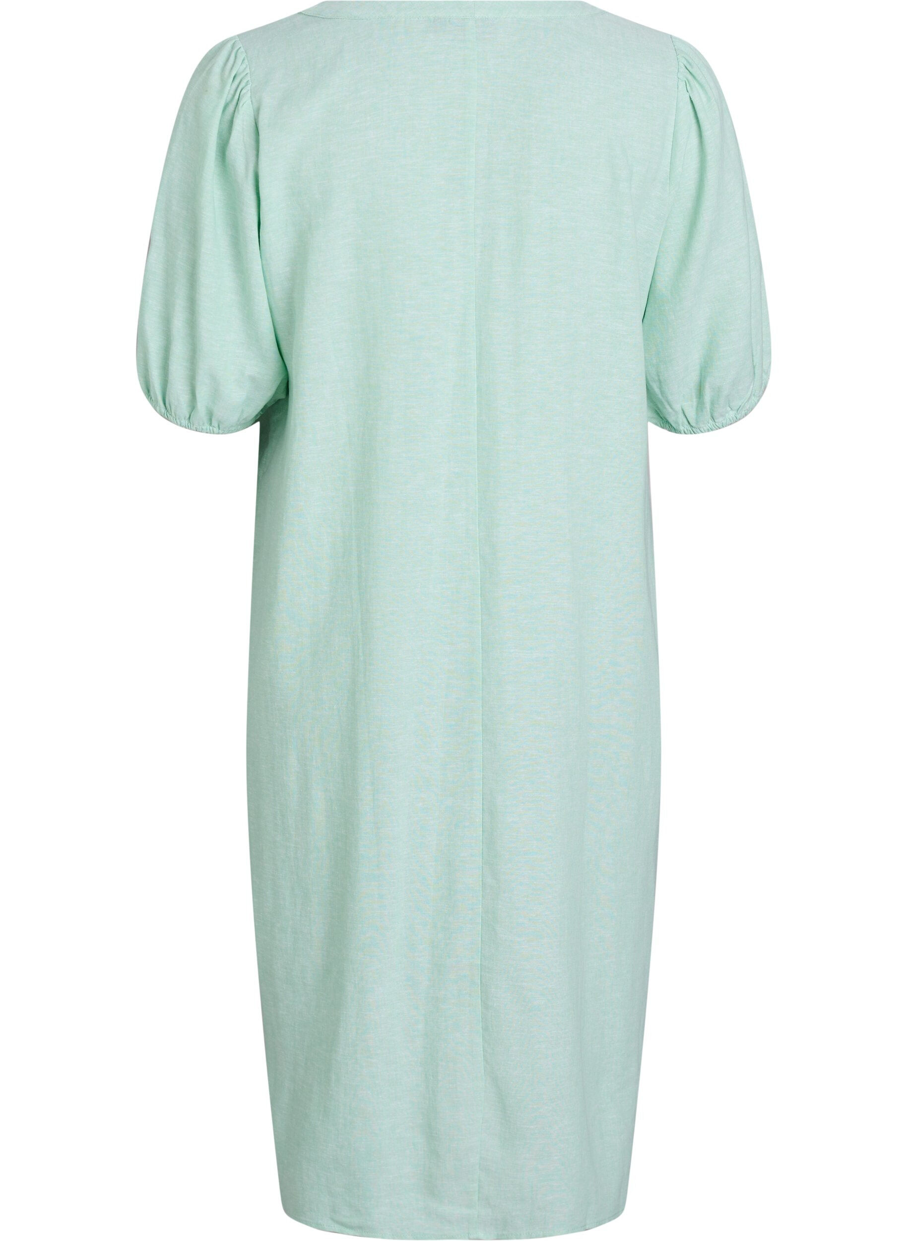 Zizzifashion Midi dress in linen and viscose with short sleeves, Green, Packshot image number 1
