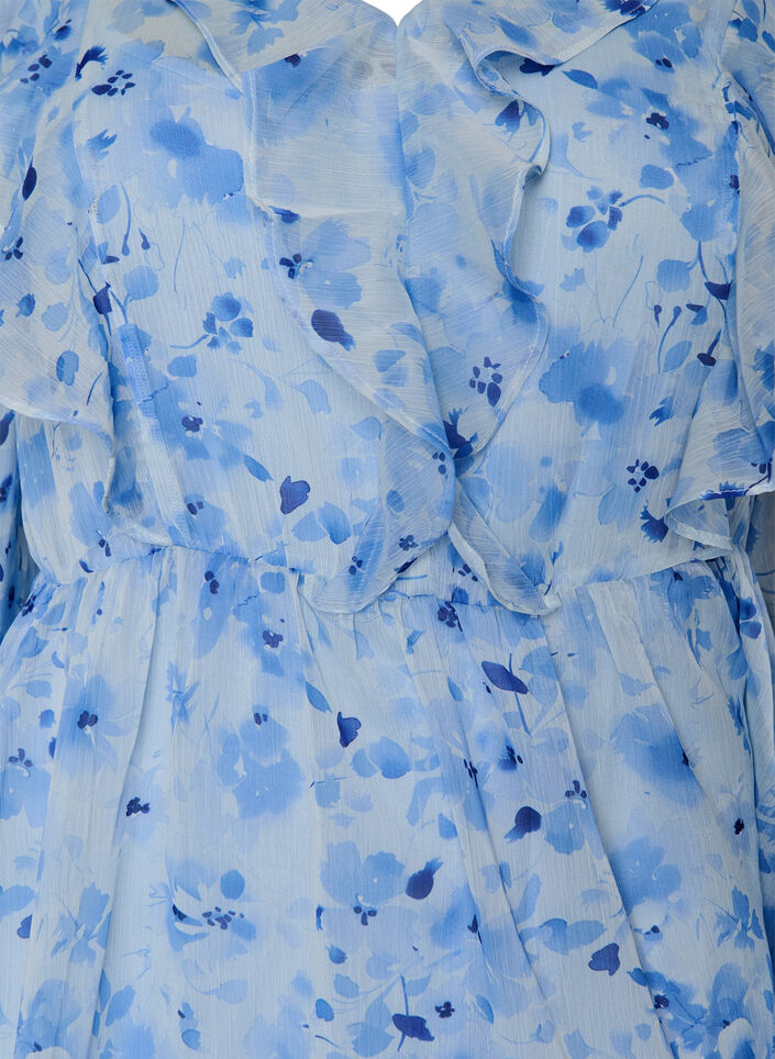 Floral chiffon dress with ruffles and long sleeves, Blue, Packshot image number 2