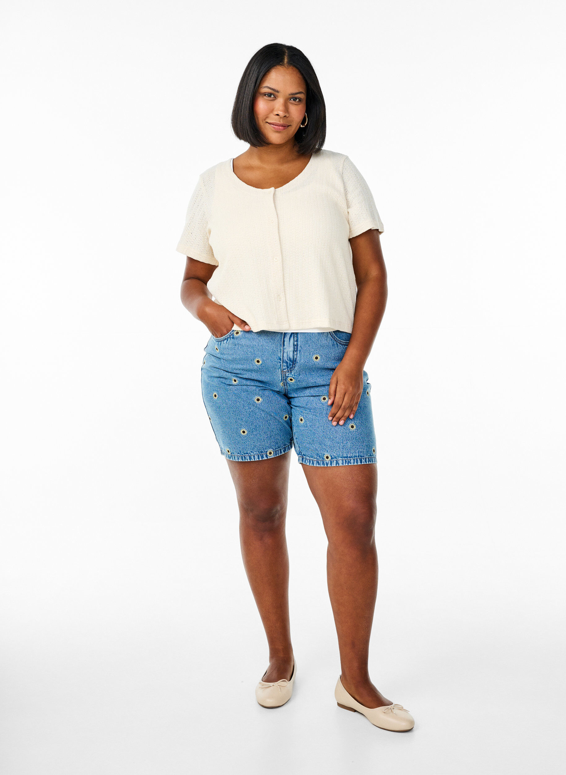 Zizzifashion Jersey cardigan with short sleeves, Vanilla, Model image number 1