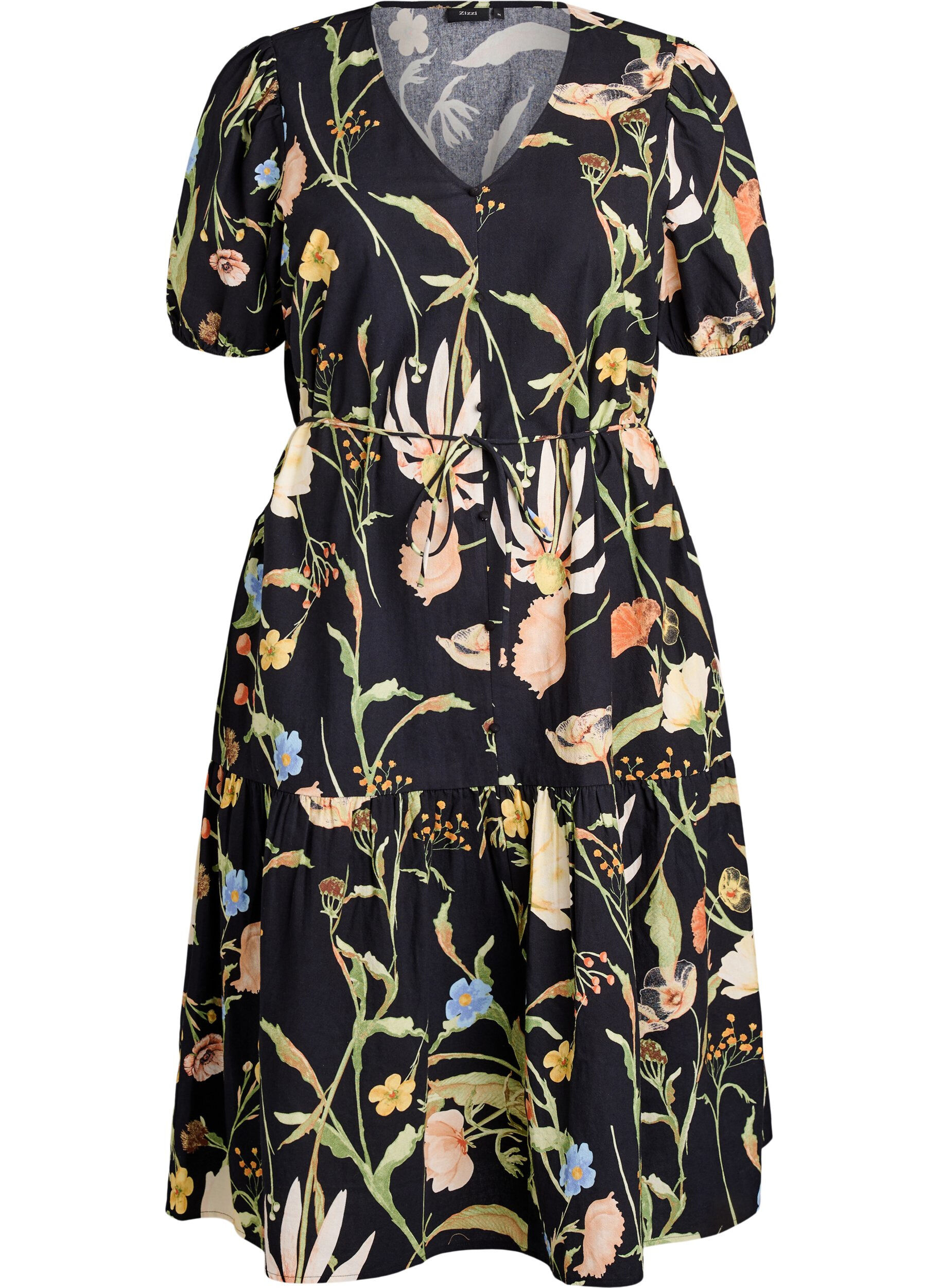 Zizzifashion Midi dress with floral print and tie-belt, Black, Packshot image number 0