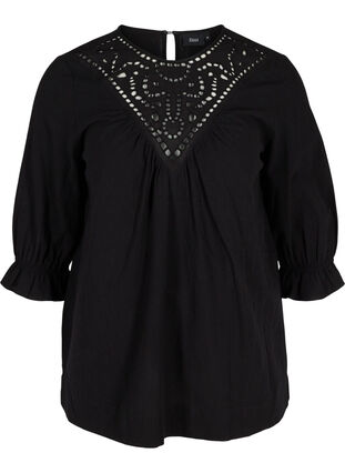 Blouse with broderie anglaise and 3/4 sleeves, Black, Packshot image number 0