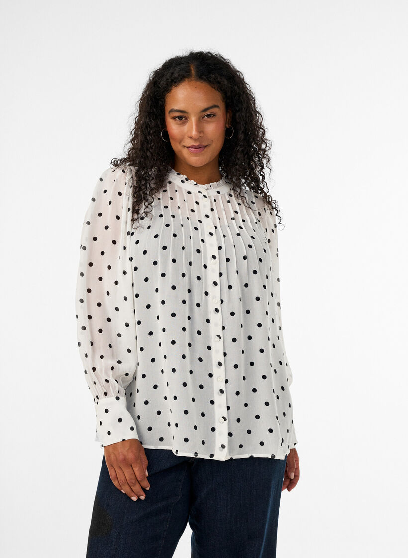 Viscose blouse with a ruffle collar, White, Model image number 0