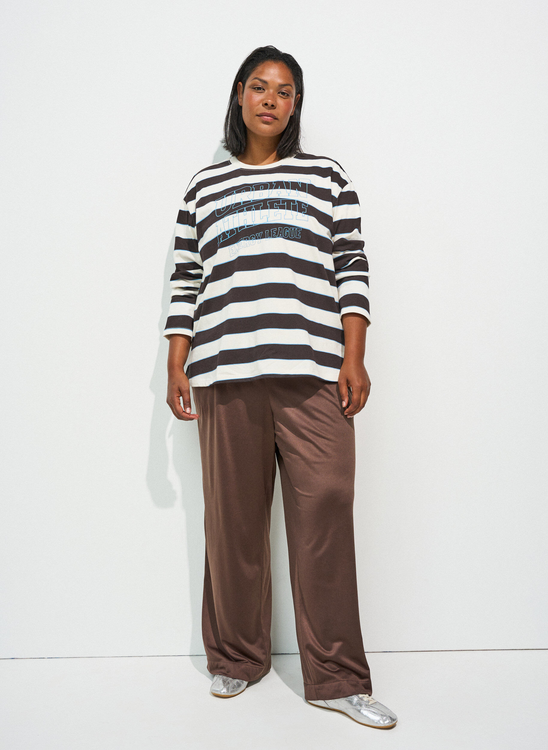 ZizzifashionStriped jersey blouse with a sporty text print, Brown, Model image number 1