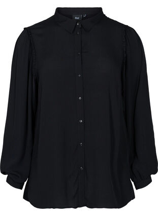 Long-sleeved viscose shirt with ruffle details, Black, Packshot image number 0