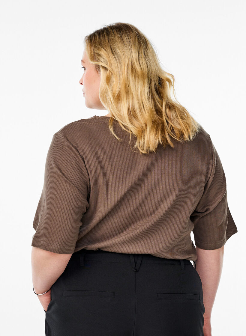 Ribbed jersey blouse with short sleeves, Brown, Model image number 2