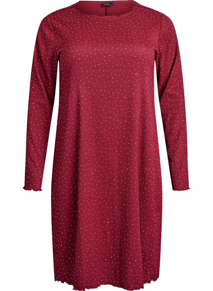 Dress with rhinestones and scalloped edges, Dark Bordeaux, Packshot image number 0