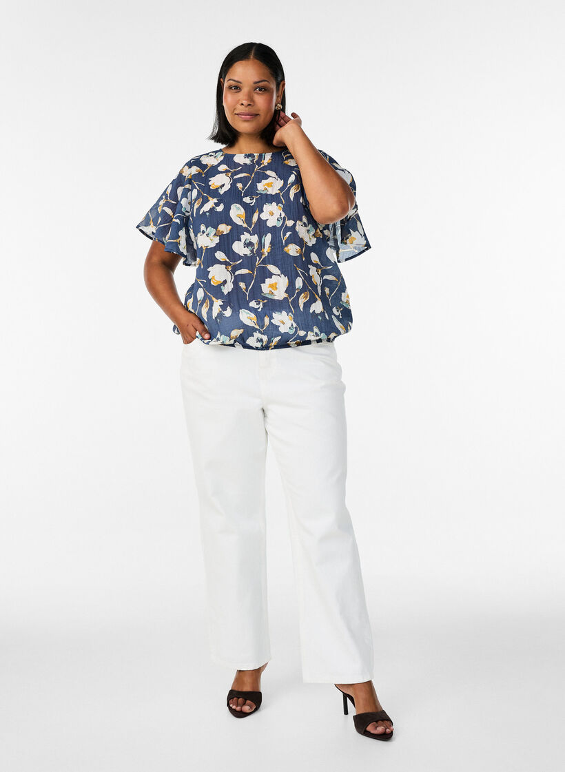 Blouse with balloon shape and wing sleeves, Blue, Model image number 1