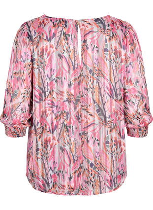 Printed blouse with v-neck and 3/4 sleeves, Pink Feather, Packshot image number 1