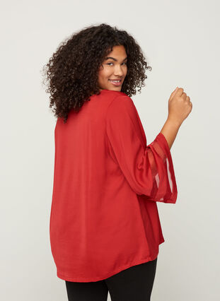 Plain blouse with 3/4 length sleeves and a V-neck, Haute Red, Model image number 1