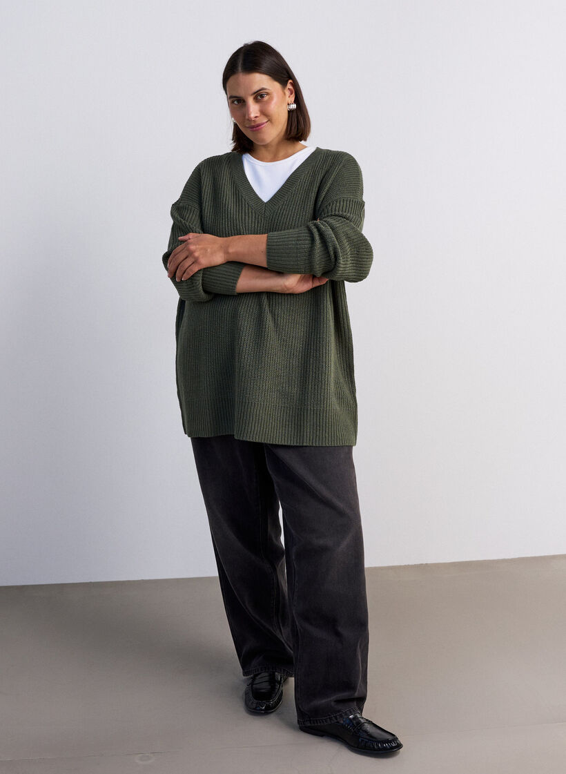 Long rib-knitted blouse with a V-neck, Green, Model image number 1
