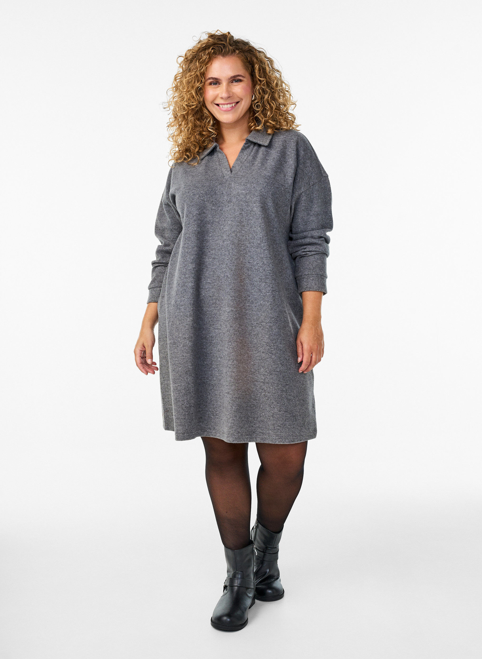 Zizzifashion Knee-length jersey dress with a V-neck and collar, Dark Grey, Model image number 0